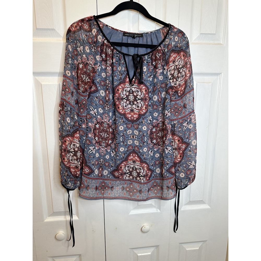 White House Black Market Boho/Floral Print Long Sleeve Blouse size 2 Blue/Pink